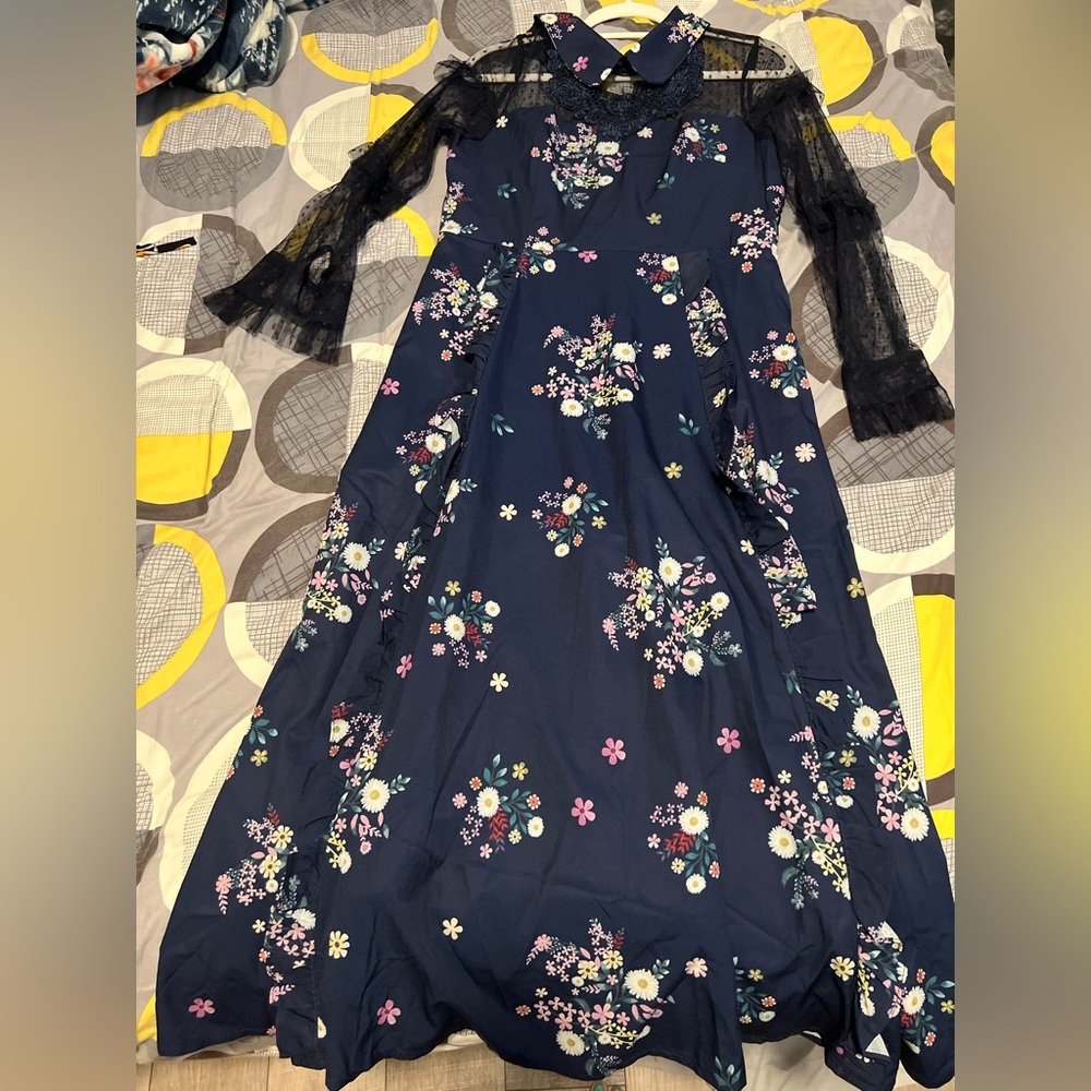 Floral Navy Dress with Sheer Sleeves